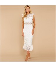 European and U.S. Fashion Hollow Lace Romantic Design French Elegant Dress - White