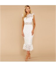 European and U.S. Fashion Hollow Lace Romantic Design French Elegant Dress - White
