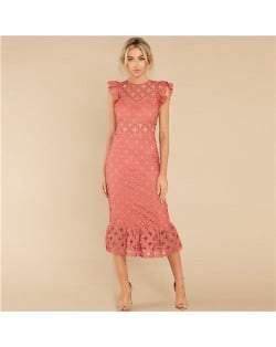 European and U.S. Fashion Hollow Lace Romantic Design French Elegant Dress - Ink Green