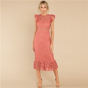 European and U.S. Fashion Hollow Lace Romantic Design French Elegant Dress - Pink