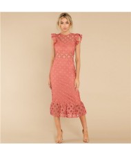 European and U.S. Fashion Hollow Lace Romantic Design French Elegant Dress - Pink