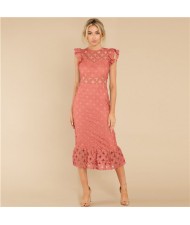 European and U.S. Fashion Hollow Lace Romantic Design French Elegant Dress - Ink Green