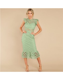European and U.S. Fashion Hollow Lace Romantic Design French Elegant Dress - Ink Green