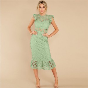 European and U.S. Fashion Hollow Lace Romantic Design French Elegant Dress - Avocado
