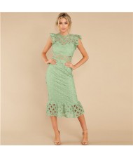 European and U.S. Fashion Hollow Lace Romantic Design French Elegant Dress - Avocado