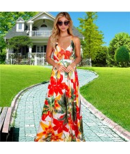 Summer Bohemian Floral Fashion Women Clothing Suspender Long Dress - Red