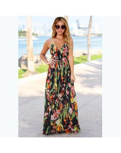 Summer Plus Size Women's Clothing Bohemian Floral Suspender Long Dress - Red