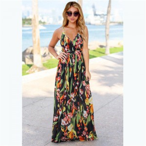 Summer Bohemian Floral Fashion Women Clothing Suspender Long Dress - Black