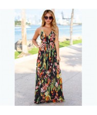 Summer Bohemian Floral Fashion Women Clothing Suspender Long Dress - Black
