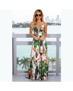 Summer Plus Size Women's Clothing Bohemian Floral Suspender Long Dress - Red