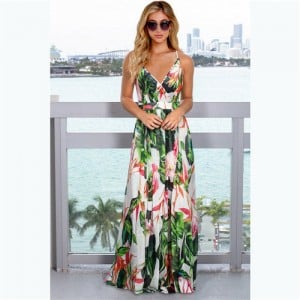 Summer Bohemian Floral Fashion Women Clothing Suspender Long Dress - White and Green