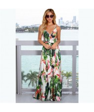 Summer Bohemian Floral Fashion Women Clothing Suspender Long Dress - White and Green