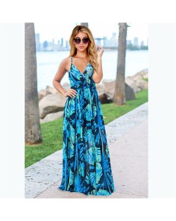 Summer Plus Size Women's Clothing Bohemian Floral Suspender Long Dress - Red