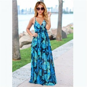 Summer Bohemian Floral Fashion Women Clothing Suspender Long Dress - Sea Blue