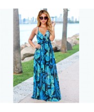Summer Bohemian Floral Fashion Women Clothing Suspender Long Dress - Sea Blue