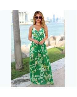 Summer Plus Size Women's Clothing Bohemian Floral Suspender Long Dress - Red