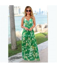 Summer Bohemian Floral Fashion Women Clothing Suspender Long Dress - Green
