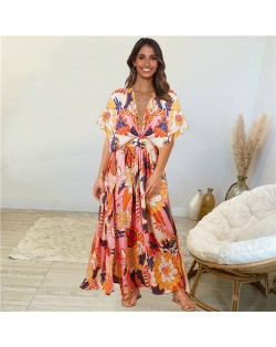 Summer Plus Size Women's Clothing Bohemian Floral Suspender Long Dress - Green