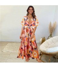Doll Sleeves V-Neck Design Print Summer Beach Dress - Pink