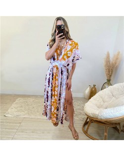 Doll Sleeves V-Neck Design Print Summer Beach Dress - Orange