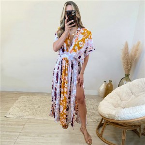 Doll Sleeves V-Neck Design Print Summer Beach Dress - Orange