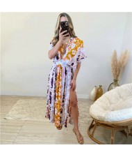 Doll Sleeves V-Neck Design Print Summer Beach Dress - Orange