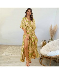 Doll Sleeves V-Neck Design Print Summer Beach Dress - Orange