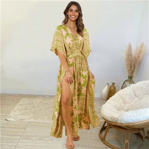 Doll Sleeves V-Neck Design Print Summer Beach Dress - Green