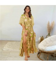 Doll Sleeves V-Neck Design Print Summer Beach Dress - Green