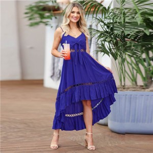 Summer Chiffon Irregular Lace Suspender Long Dress - Blue