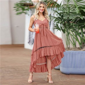 Summer Chiffon Irregular Lace Suspender Long Dress - Pink