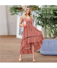 Summer Chiffon Irregular Lace Suspender Long Dress - Pink