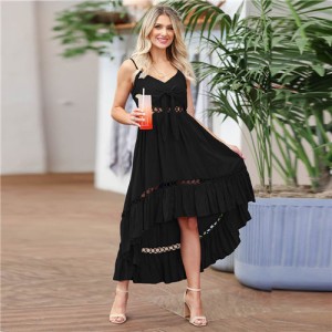 Summer Chiffon Irregular Lace Suspender Long Dress - Black