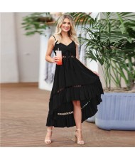 Summer Chiffon Irregular Lace Suspender Long Dress - Black