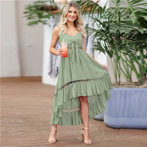 Summer Chiffon Irregular Lace Suspender Long Dress - Green