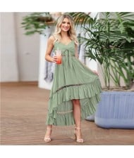 Summer Chiffon Irregular Lace Suspender Long Dress - Green