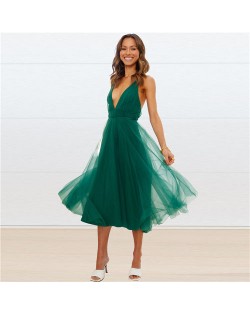 Summer Chiffon Irregular Lace Suspender Long Dress - Green