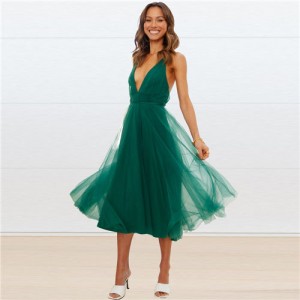 European and American Elegant Style Mesh Elegant Suspender Bridesmaid Dress - Green