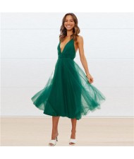 Summer Chiffon Irregular Lace Suspender Long Dress - Green