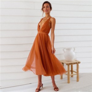 European and American Elegant Style Mesh Elegant Suspender Bridesmaid Dress - Orange