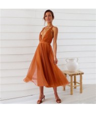 European and American Elegant Style Mesh Elegant Suspender Bridesmaid Dress - Orange