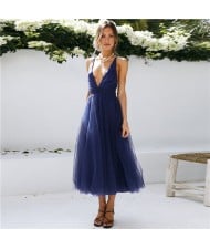 European and American Elegant Style Mesh Elegant Suspender Bridesmaid Dress - Royal Blue