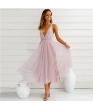 European and American Elegant Style Mesh Elegant Suspender Bridesmaid Dress - Pink