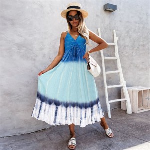 Temperament Gradient Color Large Skirt Beach Suspender Dress - Blue