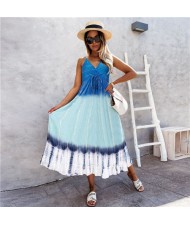 Temperament Gradient Color Large Skirt Beach Suspender Dress - Blue