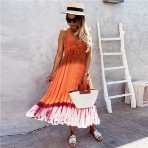 Temperament Gradient Color Large Skirt Beach Suspender Dress - Orange