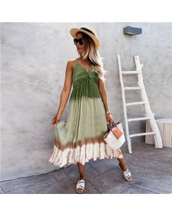 Temperament Gradient Color Large Skirt Beach Suspender Dress - Blue