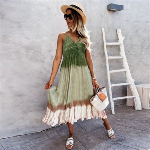 Temperament Gradient Color Large Skirt Beach Suspender Dress - Green