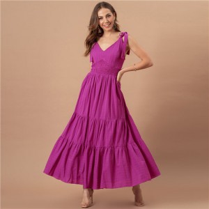 Summer Bow-knot Shoulder Strap Solid Color French Style Romantic Jacquard Dress - Fuchsia