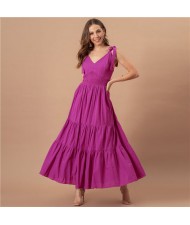 Summer Bow-knot Shoulder Strap Solid Color French Style Romantic Jacquard Dress - Fuchsia